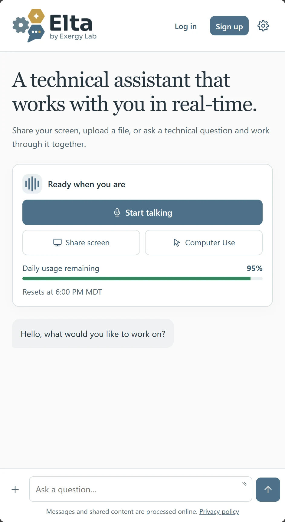 The Elta side panel in Chrome, with the Start talking, Share screen and Computer Use controls and a message box.